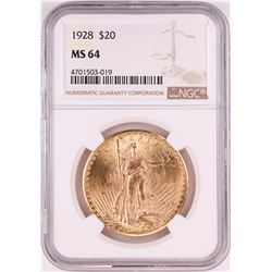 1928 $20 St. Gaudens Double Eagle Gold Coin NGC MS64