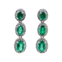3.25 ctw Emerald and Diamond Earrings - 18KT White Gold