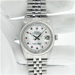 Rolex Mens Stainless Steel Mother Of Pearl Diamond & Ruby Datejust Wristwatch Wi
