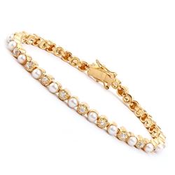 Plated 18KT Yellow Gold 8.05ctw Pearl and Diamond Bracelet