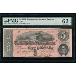 1864 $5 Confederate States of America Note PMG 62EPQ