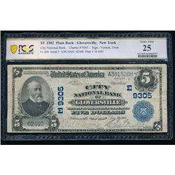 1902 $5 Gloversville NY National Bank Note PCGS 25