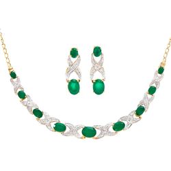 Plated 18KT Yellow Gold 6.10ctw Green Agate and Diamond Pendant with Chain and Earrings