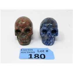 2 Carved Gemstone Stone Skulls - 2" Diameter