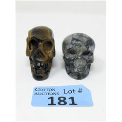 2 Carved Gemstone Stone Skulls - 2" Diameter