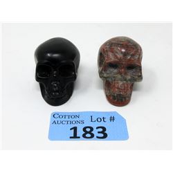 2 Carved Gemstone Stone Skulls - 2" Diameter