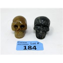 2 Carved Gemstone Stone Skulls - 2" Diameter