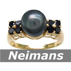Certified 8.5MM Black Tahitian Pearl & Diamond Ring 14K