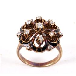 1930s Diamond & Black Enamel Cluster 14K Gold Ring