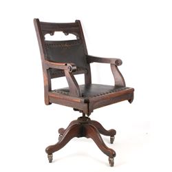 Leather & Carved Wood Rolling Office Chair