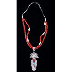 Zuni Micro Inlay Sterling & Coral Kachina Necklace