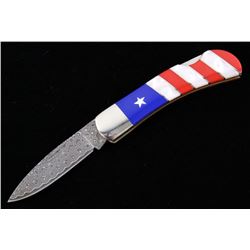 Patriotic Flag Lapis & Coral Inlaid Damascus Knife