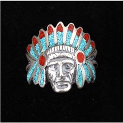 Navajo Sterling Silver & Chip Inlay Chieftain Ring