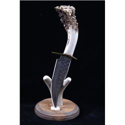 Hand Carved Lion Head Antler Bowie Knife & Stand