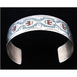 Navajo R. Begay Turquoise & Coral Chip Inlay Cuff