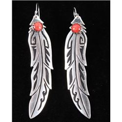 Navajo T&R Singer Sterling & Coral Feather Earring
