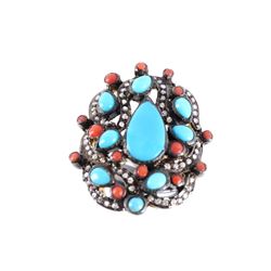 Art Nouveau Turquoise Coral & Diamond Ring