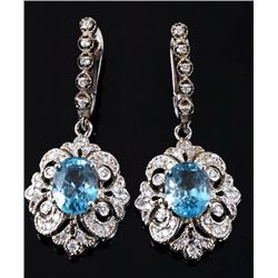 RARE Blue Zircon & Diamond 14K Dangle Earrings