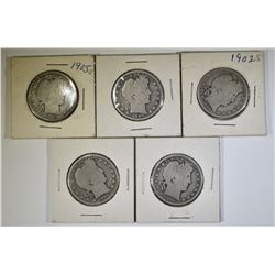 LOT OF 5 MIXED DATE BARBER HALF DOLLARS