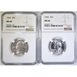 2 1964 WASHINGTON QUARTERS  NGC MS-66