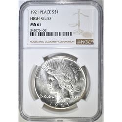 1921 PEACE DOLLAR NGC MS-63 HIGH RELIEF