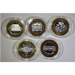 SET OF 5 $10 .999 SILVER GAMING TOKENS