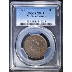 1837 LARGE CENT PCGS XF-45 MEDIUM LETTERS
