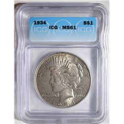 1934 PEACE DOLLAR, ICG MS-61