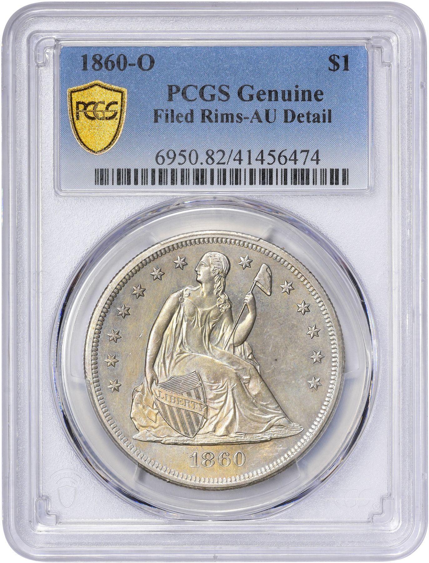 1860-O $1. PCGS Genuine – Filed Rims – AU Details.