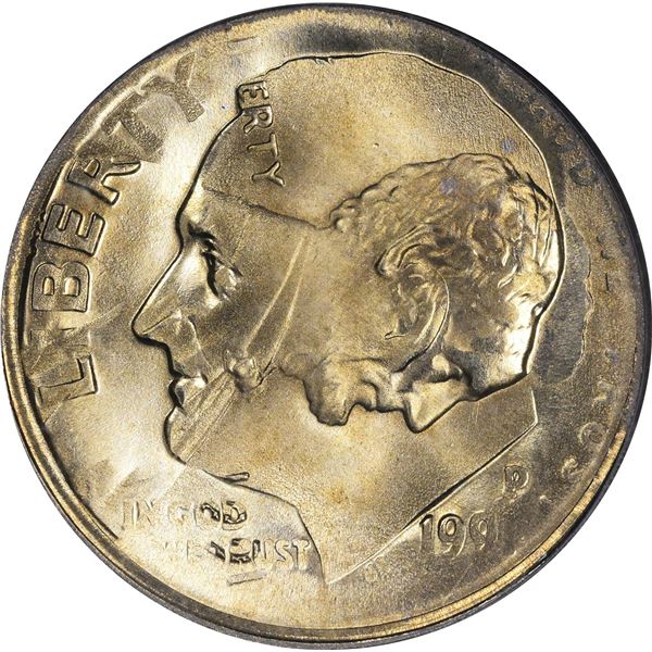 1991 1¢. Mint Error. Double Denomination. Lincoln Cent on Struck Roosevelt Dime. MS-67 PCGS