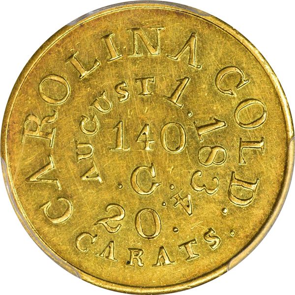 August 1, 1834 C. Bechtler Gold $5. Kagin-17. Rarity-5. 140 G, No Beads. Plain Edge. MS-61 PCGS.