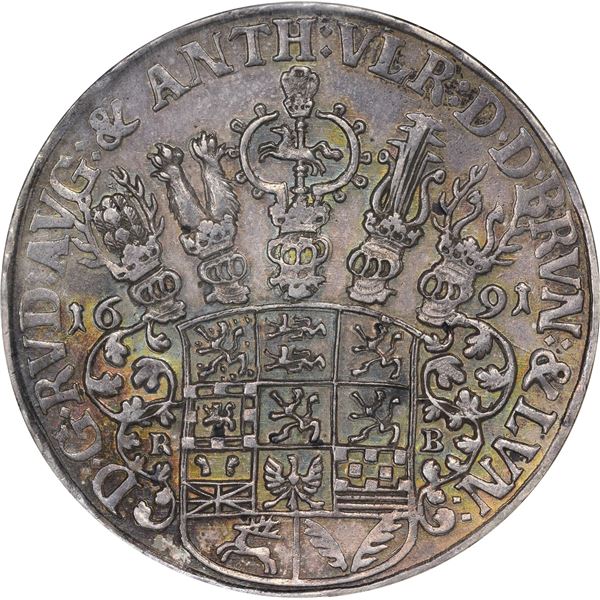 German States. Brunswick-Wolfenbüttel. 1691-RB Two Wildmen Thaler. Dav-6393. AU-55 NGC.
