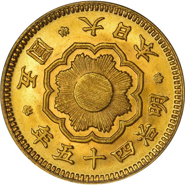 Japan. Year 45 (1912) Gold 5 Yen. Y-32. MS-64 PCGS.