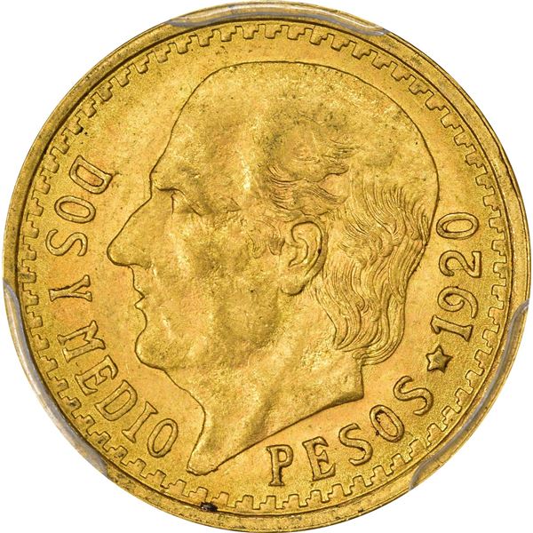 Mexico. Estados Unidos. 1920/10-MO Gold 2 ½ Pesos. Mexico City Mint. KM-463. MS-63 PCGS.