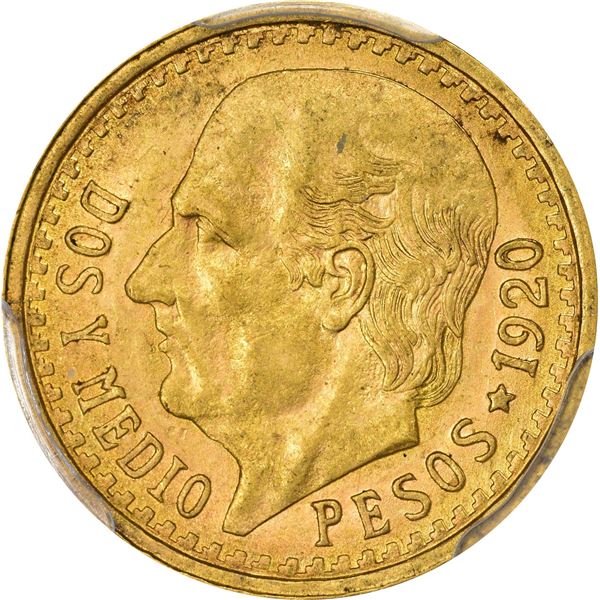 Mexico. Estados Unidos. 1920/10-MO Gold 2 ½ Pesos. Mexico City Mint. KM-463. MS-63 PCGS.