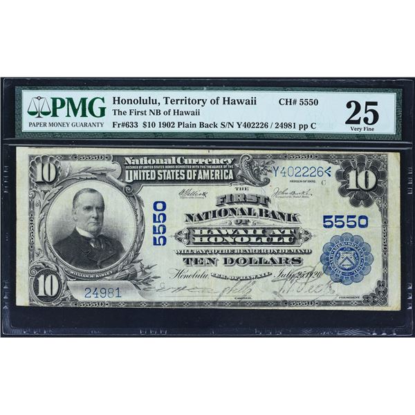 Honolulu, Hawaii (Territory of)  -  $10  1902 Plain Back  Fr. 633  The First National Bank of Hawaii