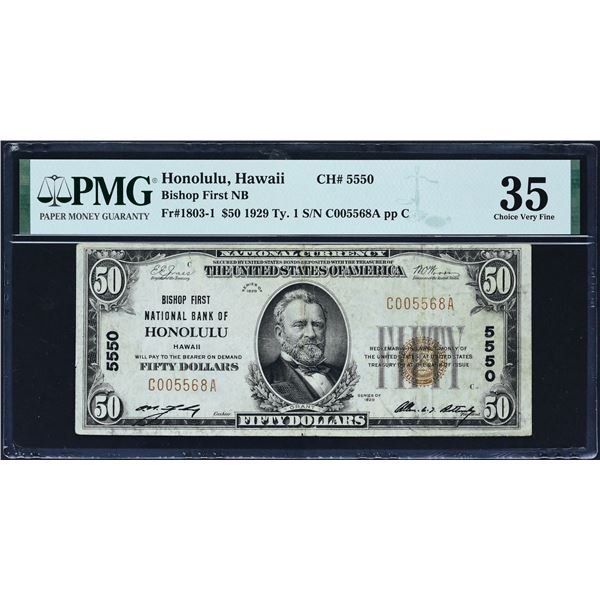 Honolulu, Hawaii  -  $50  1929 Type 1  Fr. 1803-1  Bishop First National Bank of Honolulu  Ch. # 555