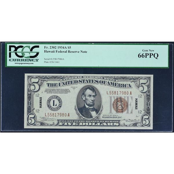 Fr. 2302  $5  1934A  Hawaii Federal Reserve Note  PCGS Gem New 66 PPQ