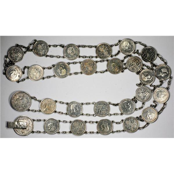 Kingdom of Hawaii. Linked Silver Coins Belt and Watch Fob.