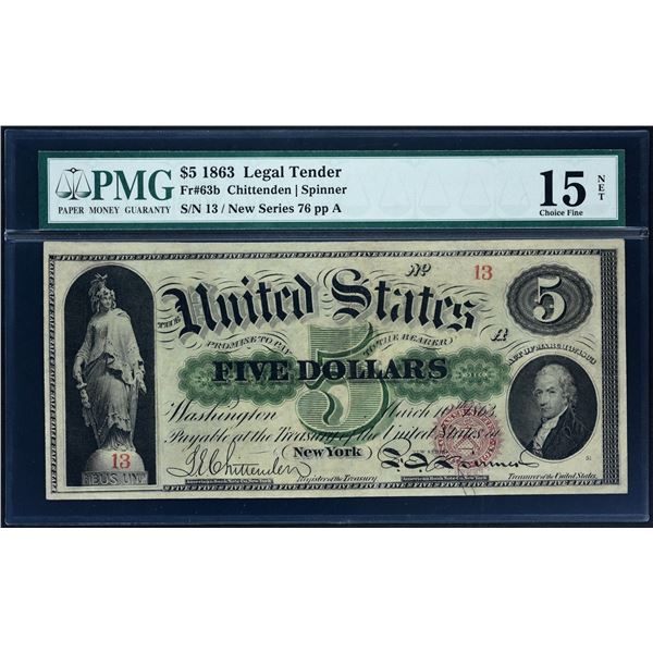 Fr. 63b  $5  1863  Legal Tender  PMG Fine 15 Net