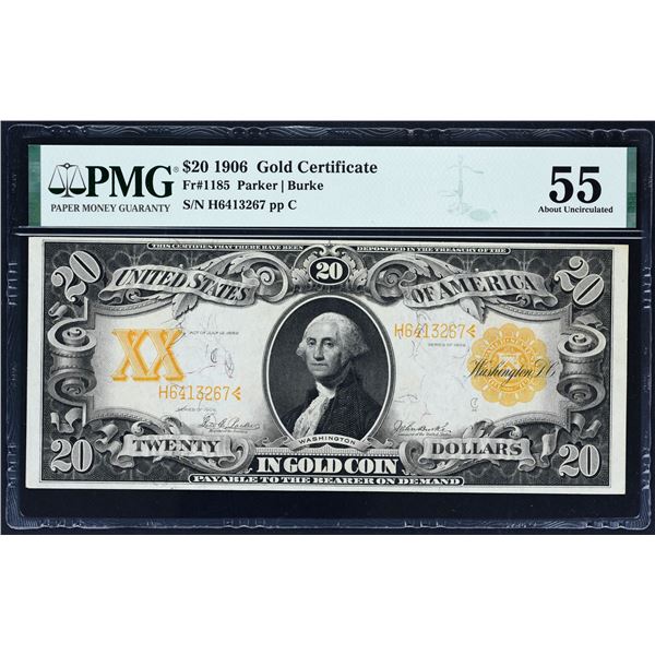 Fr. 1185  $20  1906  Gold Certificate  PMG About Uncirculated 55