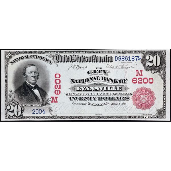 Evansville, Indiana  -  $20  1902  Red Seal  Fr. 639  The City National Bank of Evansville  Ch. # 62