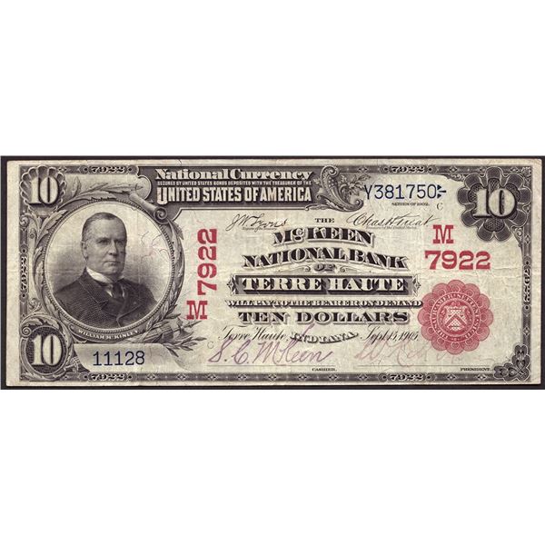 Terre Haute, Indiana  -  $10  1902 Red Seal  Fr. 614  The McKeen National Bank of Terre Haute  Ch. #