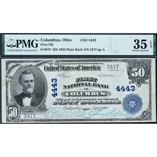 Columbus, Ohio  -  $50  1902  Plain Back  Fr. 678  First National Bank in Columbus  Ch. # 4443  PMG