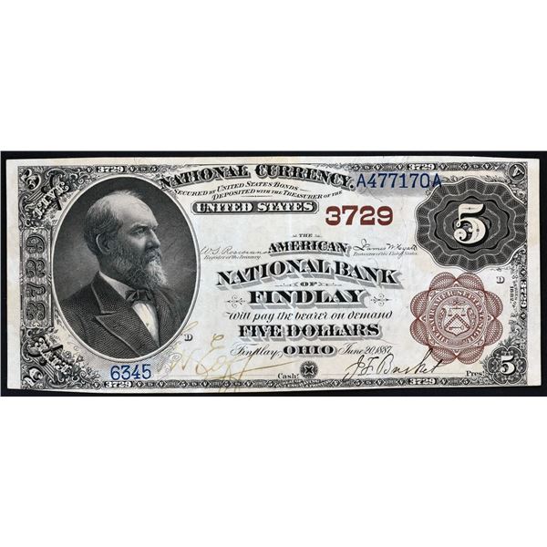 Findlay, Ohio  -  $5  1882  Brown Back  Fr. 470  The American National Bank of Findlay  Ch. # 3729