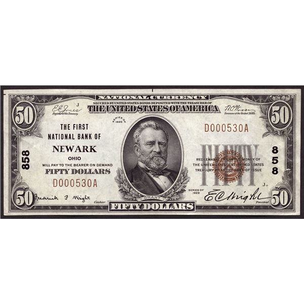 Newark, Ohio  -  $50  1929 Type 1  Fr. 1803-1  The First National Bank of Newark  Ch. # 858  About U