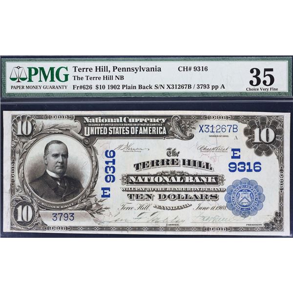 Terre Hill, Pennsylvania  -  $10  1902 Plain Back  Fr. 626  The Terre Hill National Bank  Ch. # 9316