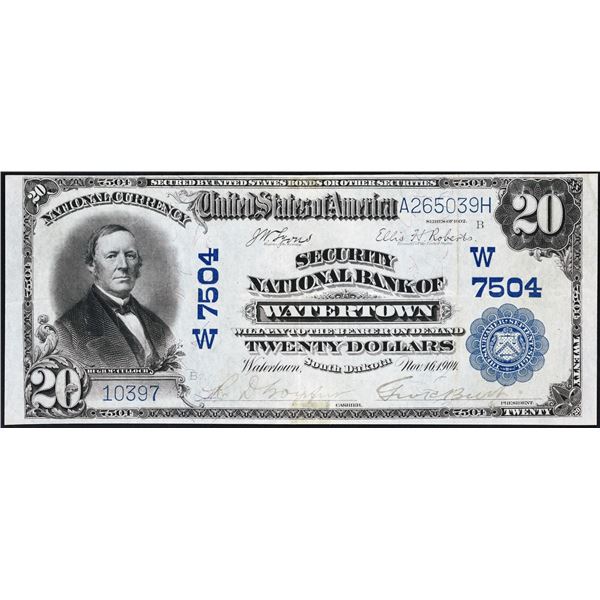 Watertown, South Dakota  -  $20  1902 Plain Back  Fr. 650  Security National Bank of Watertown  Ch.