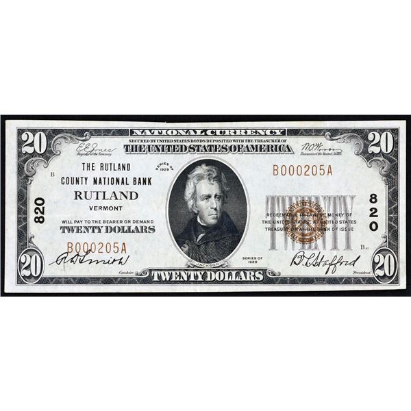 Rutland, Vermont  -  $20  1929 Type 1  Fr. 1802-1  The Rutland County National Bank  Ch. # 820  Choi