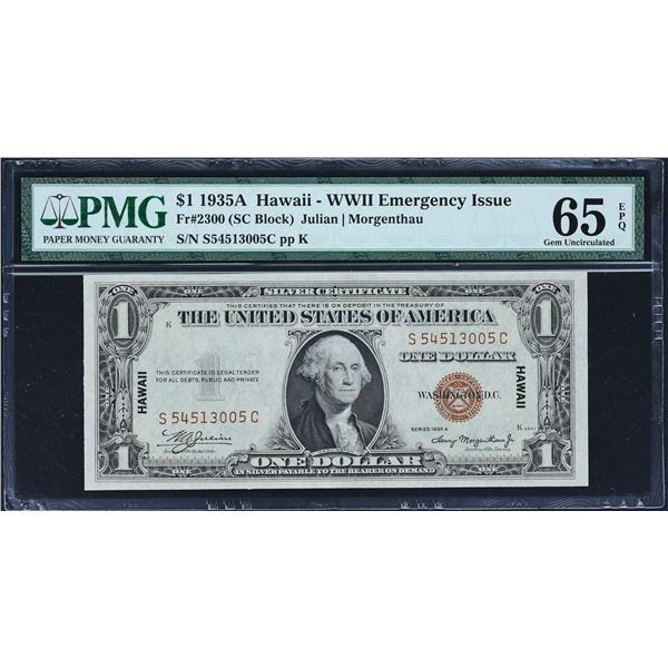 Fr. 2300  $1  1935A  Hawaii Silver Certificate  PMG Gem Uncirculated 65 EPQ   S-C  Block